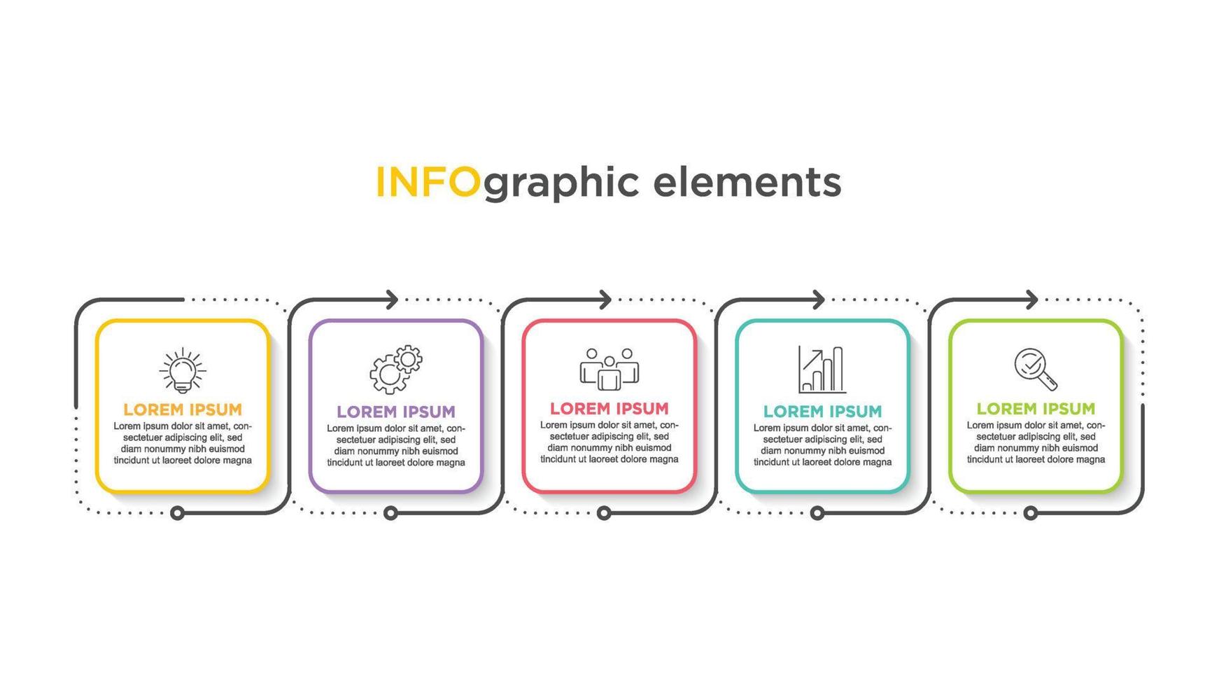 Infographics business template. Visualization of 5-stepped business process. Simple infographic design template. Flat vector illustration for presentation, report.