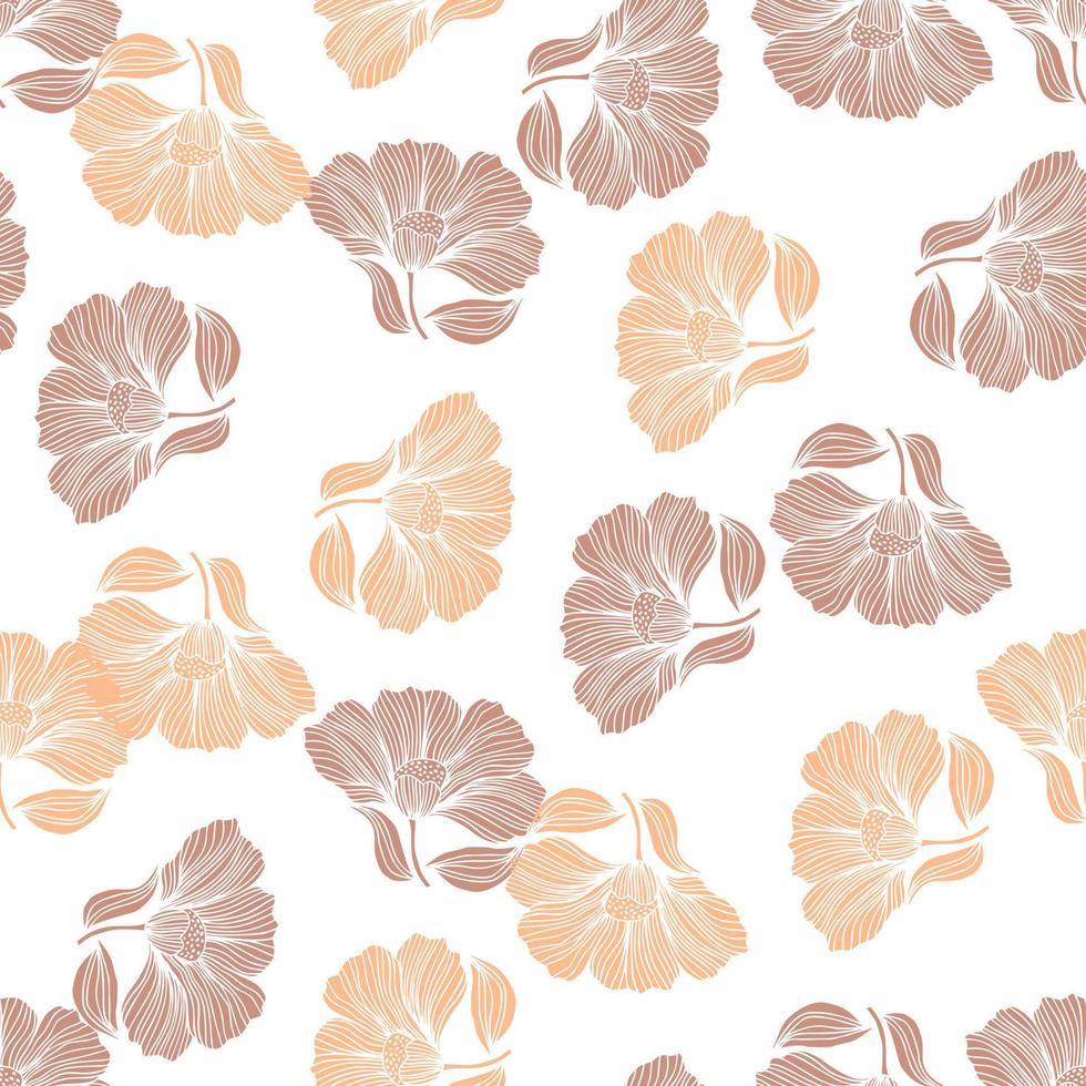 Abstract flower line seamless pattern. Delicate floral vintage outline endless background. Retro style. vector