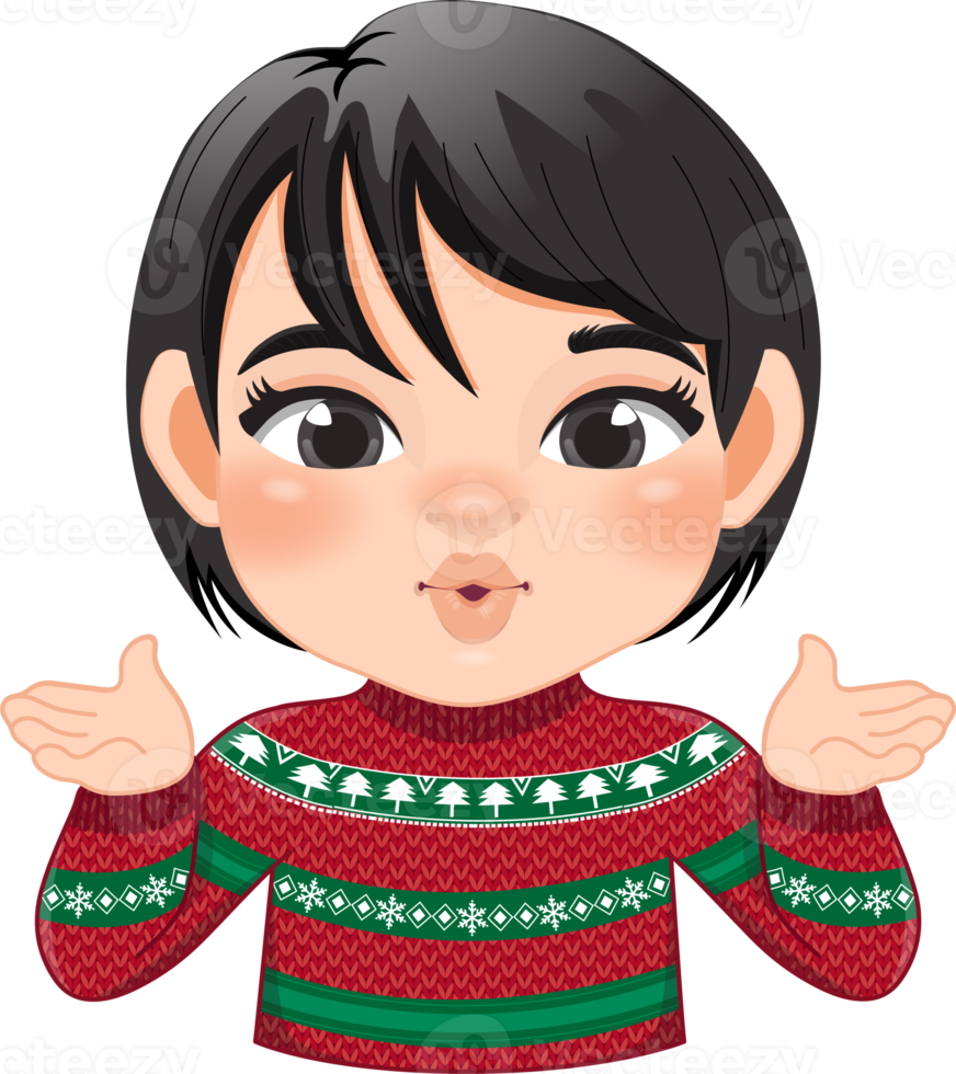 Merry Christmas cartoon design with Excite girl wear a red and green sweater cartoon png