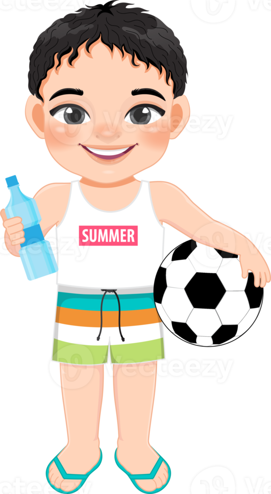 Beach boy in summer holiday. Kids holding football and water bottle cartoon character design png
