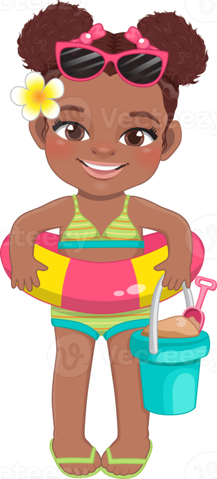 Beach black girl in summer holiday.  American African kids holding rubber ring cartoon character design png