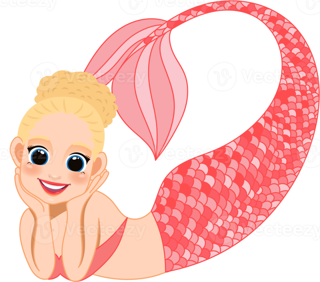 Cartoon character with cute mermaid princess with colorful hair and tail png