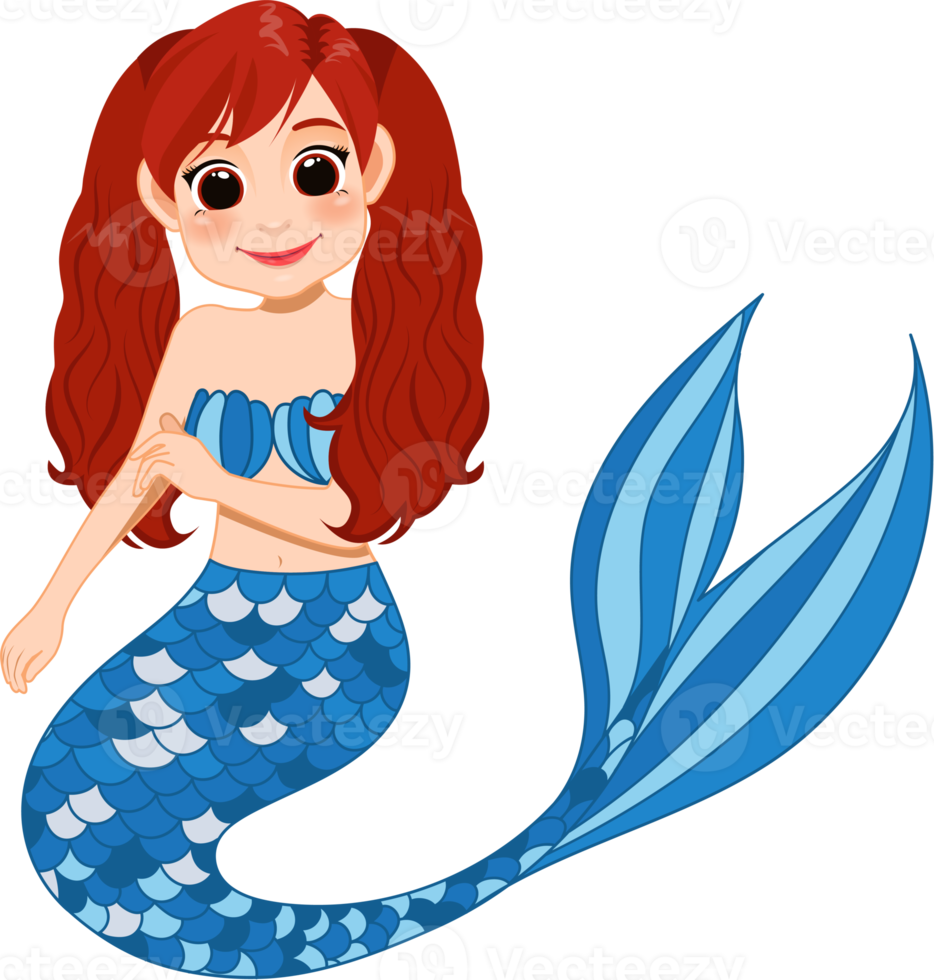 Cartoon character with cute mermaid princess with colorful hair and tail png