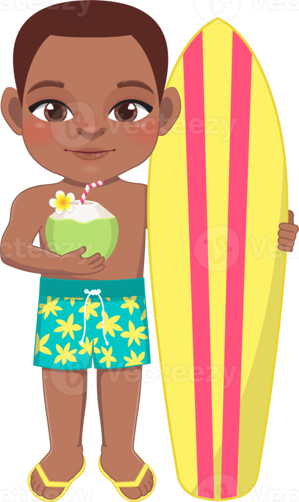 de praia Preto Garoto dentro verão feriado. americano africano crianças segurando prancha de surfe e coco suco desenho animado personagem Projeto png