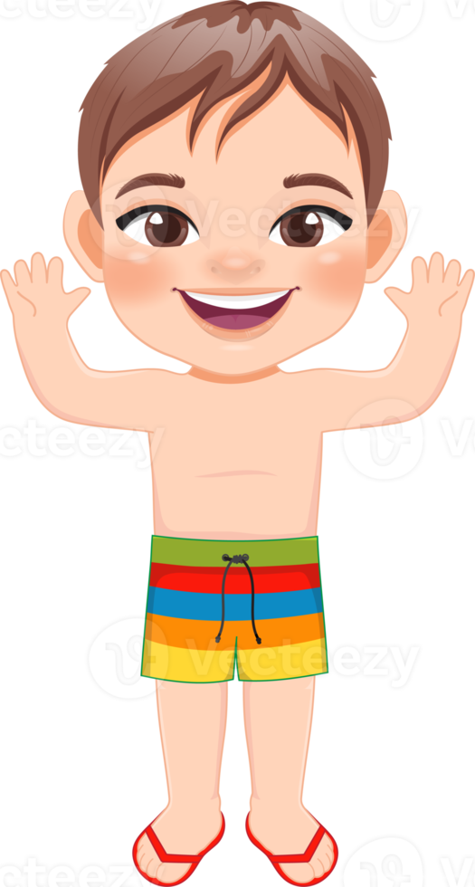 niño feliz de dibujos animados en un traje de baño de verano png