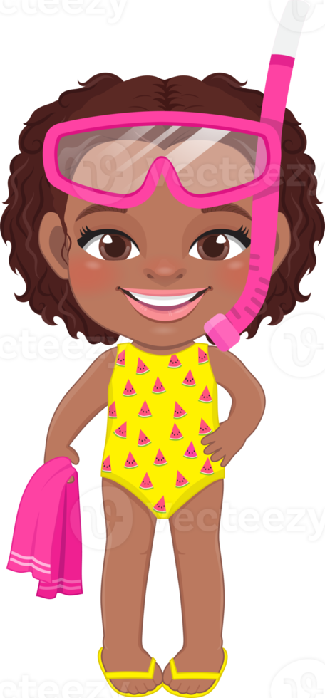 Beach black girl in summer holiday. American African Kid holding towel and wearing scuba glasses cartoon character design png