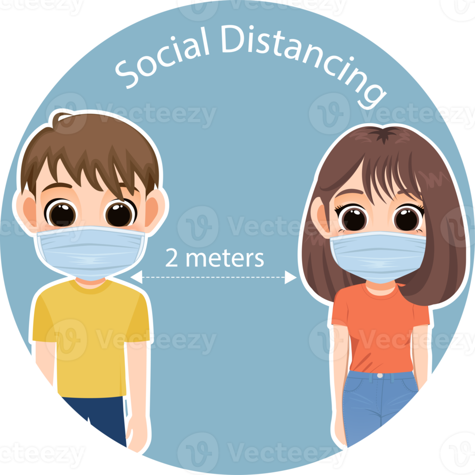 Social Distancing with boy and girl cartoon character flat icon PNG