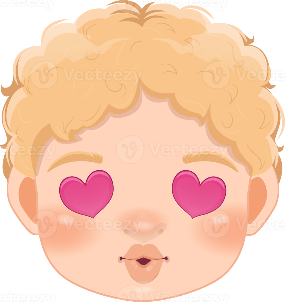 Cute Boy Face and Blonde Hair Falling in Love. Cute Cartoon Boy with Heart-Shaped Eyes and Lips Kissing Cartoon Character Design png