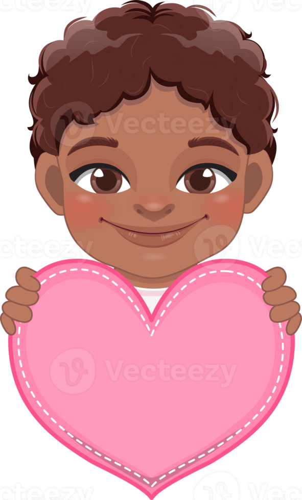 schattig weinig Amerikaans Afrikaanse jongen Holding roze hart gelukkig kinderen vieren Valentijn s dag tekenfilm karakter ontwerp png