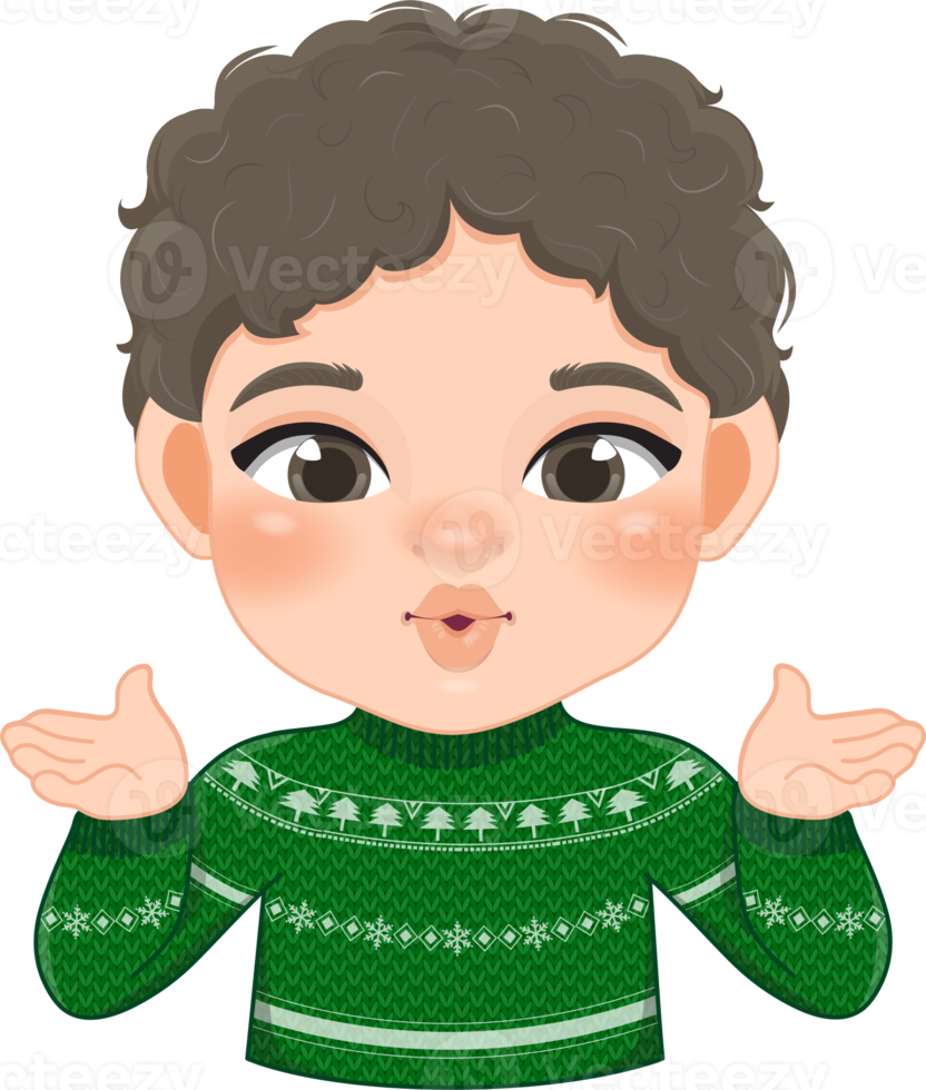 Merry Christmas cartoon design with Excite boy wear a green sweater cartoon png