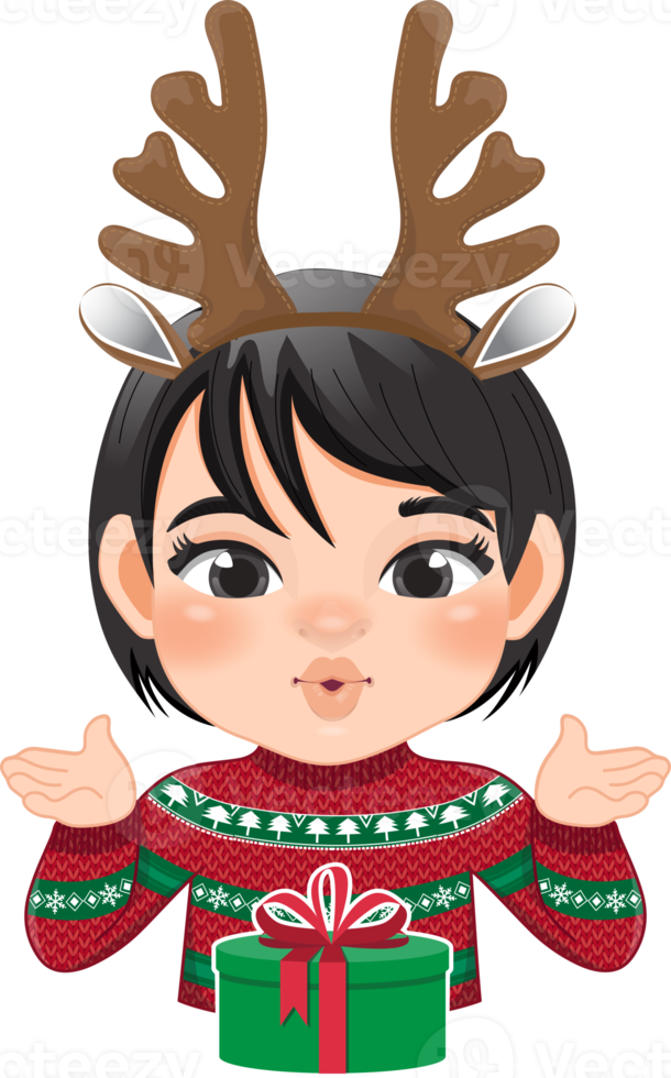 Merry Christmas cartoon design with Excite girl wear a red sweater and gift box cartoon png
