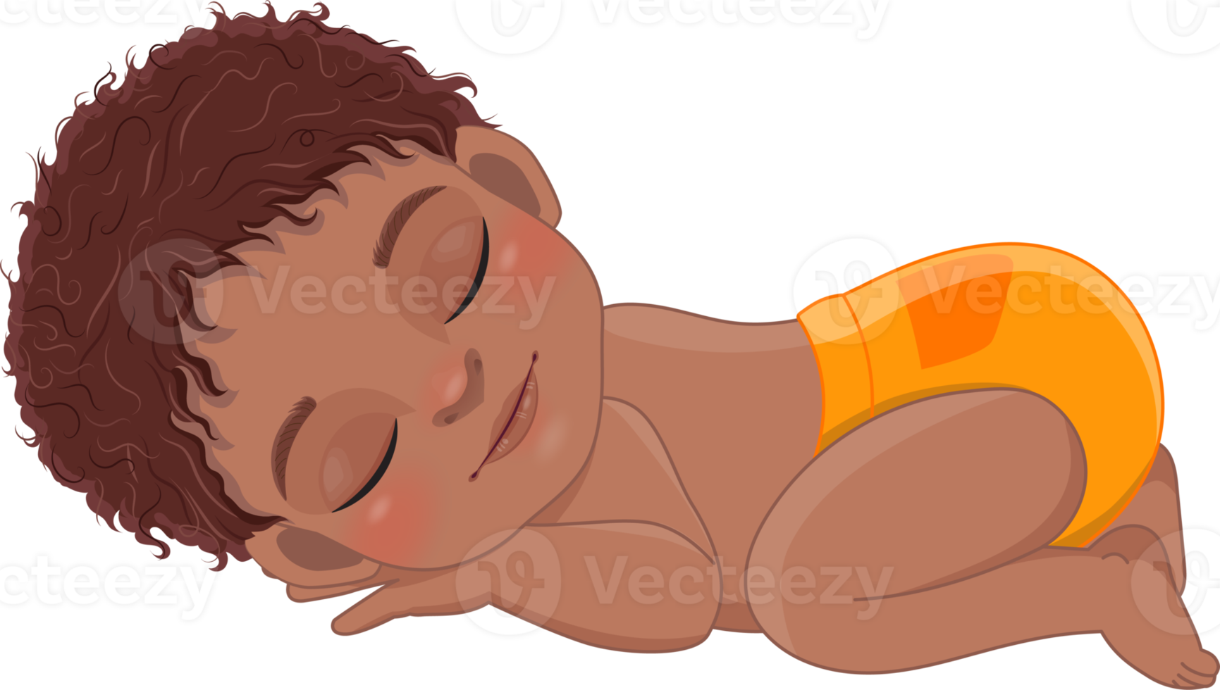 Cartoon character sleeping black baby boy wearing orange ruffled diaper cartoon png