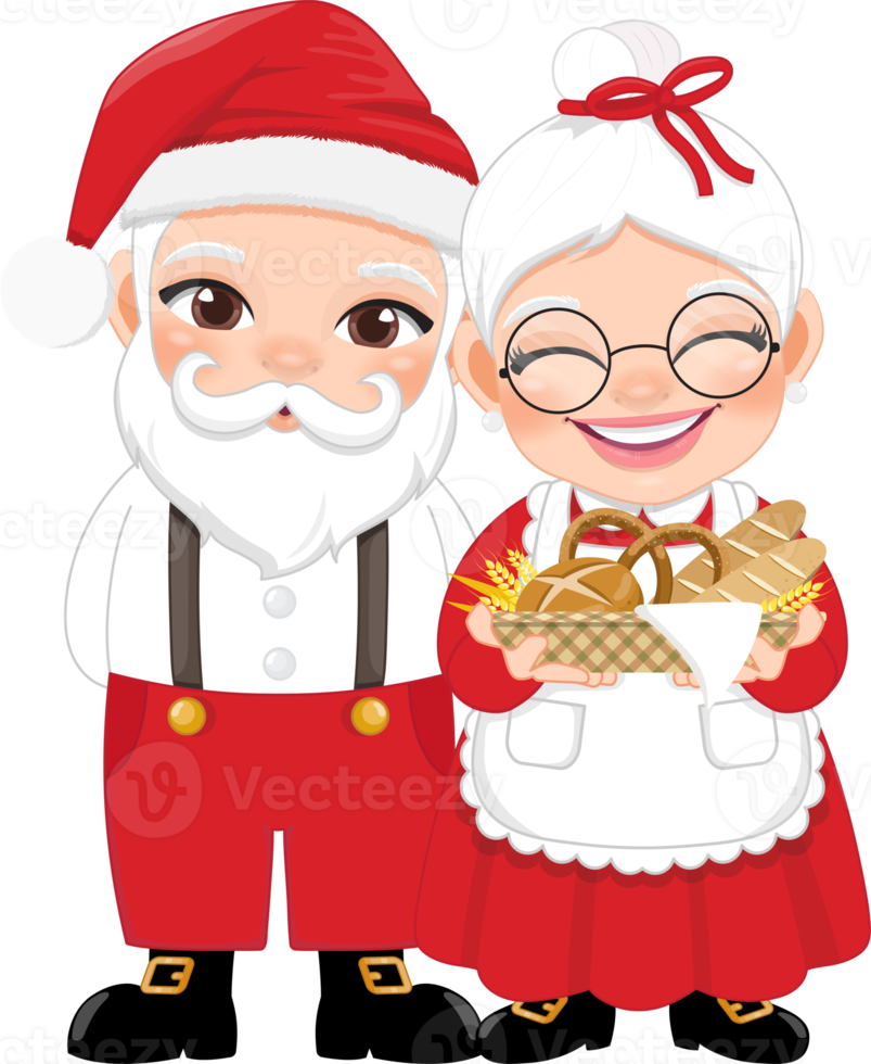 mignonne Père Noël dans décontractée porter et Mme Claus en portant boulangerie panier dessin animé personnage png