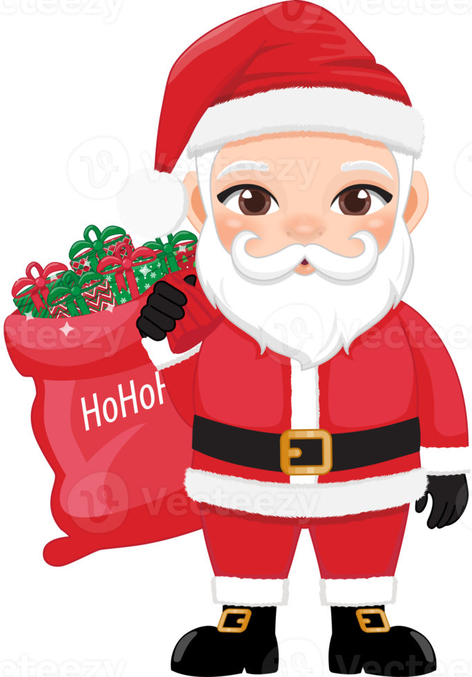 Cute Santa Claus holding bag with presents and smiling cartoon character PNG