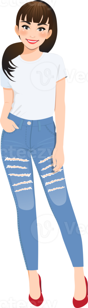 Beautiful girl in white T-shirts and blue jeans png