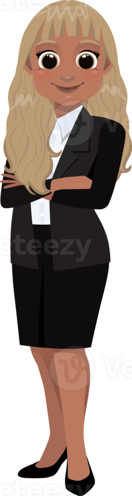 Flat icon with African American cute businesswoman cartoon character in office style smart black suit and crossed arms pose. png