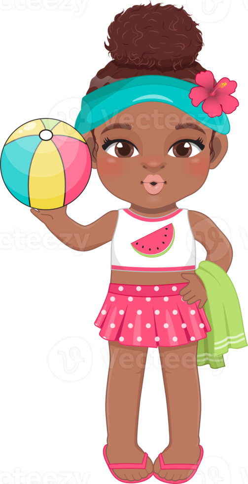 Beach black girl in summer holiday. American African kids holding colorful ball cartoon character design png