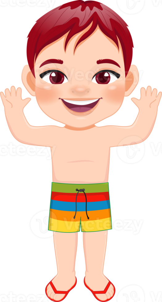 Cartoon happy little boy in a summer swimsuit png