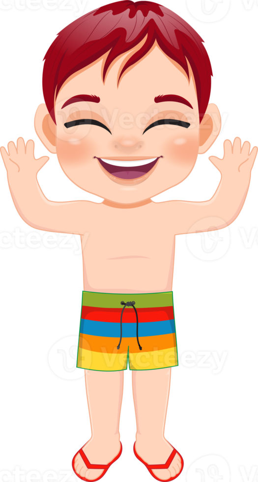 niño feliz de dibujos animados en un traje de baño de verano png