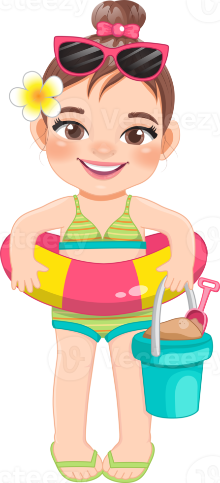 Beach girl in summer holiday.  Kids holding rubber ring cartoon character design png