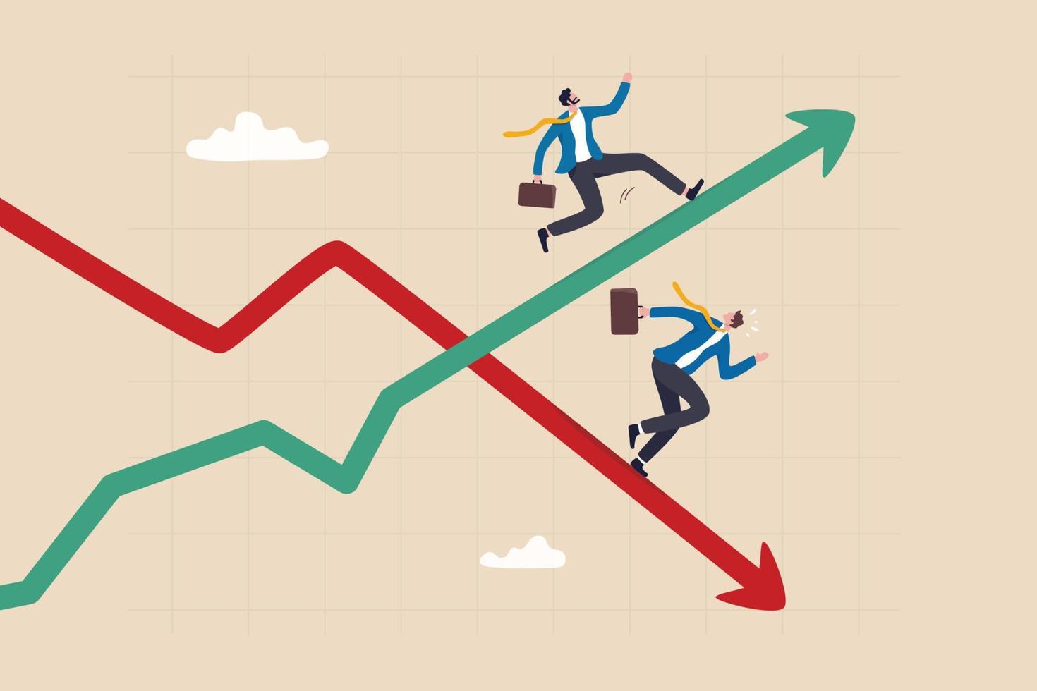 lucro y pérdida, inversión dirección o económico pronóstico, crecimiento y disminución en ganancia, hacer dinero o perdiendo dinero concepto, empresario corriendo en creciente arriba crecimiento grafico y disminución recesión abajo. vector