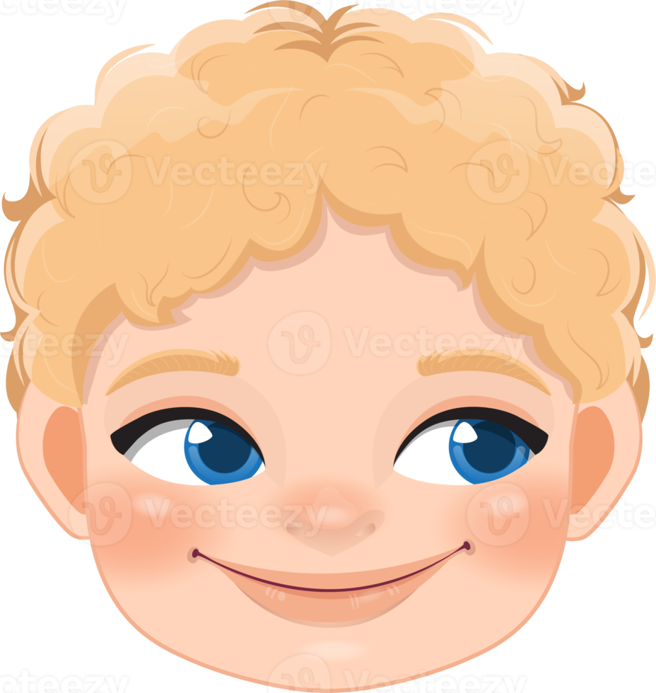 mignonne garçon visage et blond cheveux souriant , rouleau yeux à le droite main dessin animé personnage conception png