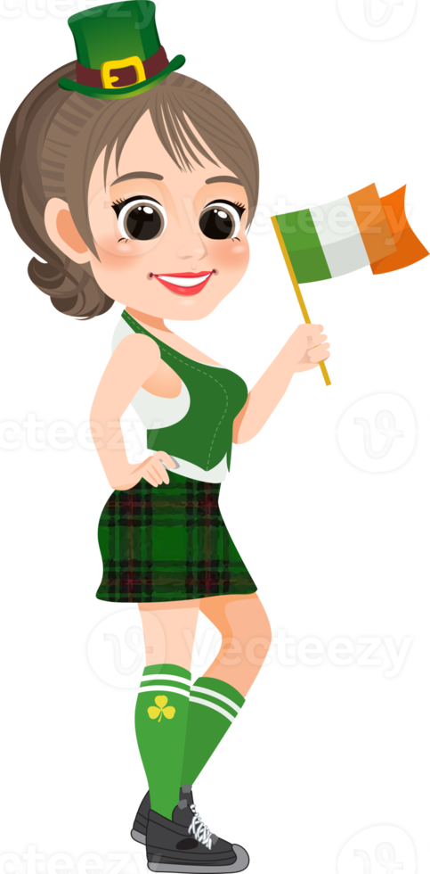 feliz santo patrick's dia com bonita duende menina com irlandês bandeira desenho animado personagem menina png