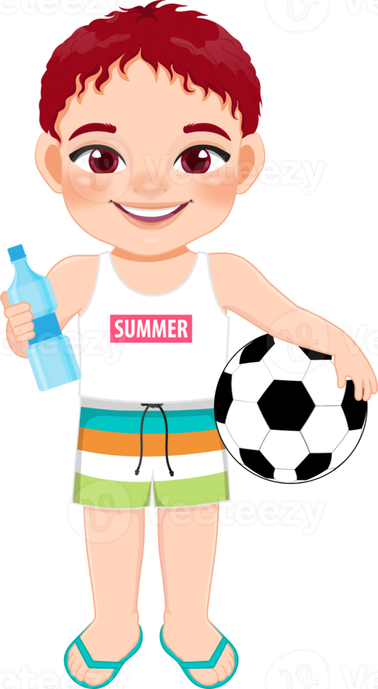 Beach boy in summer holiday. Kids holding football and water bottle cartoon character design png