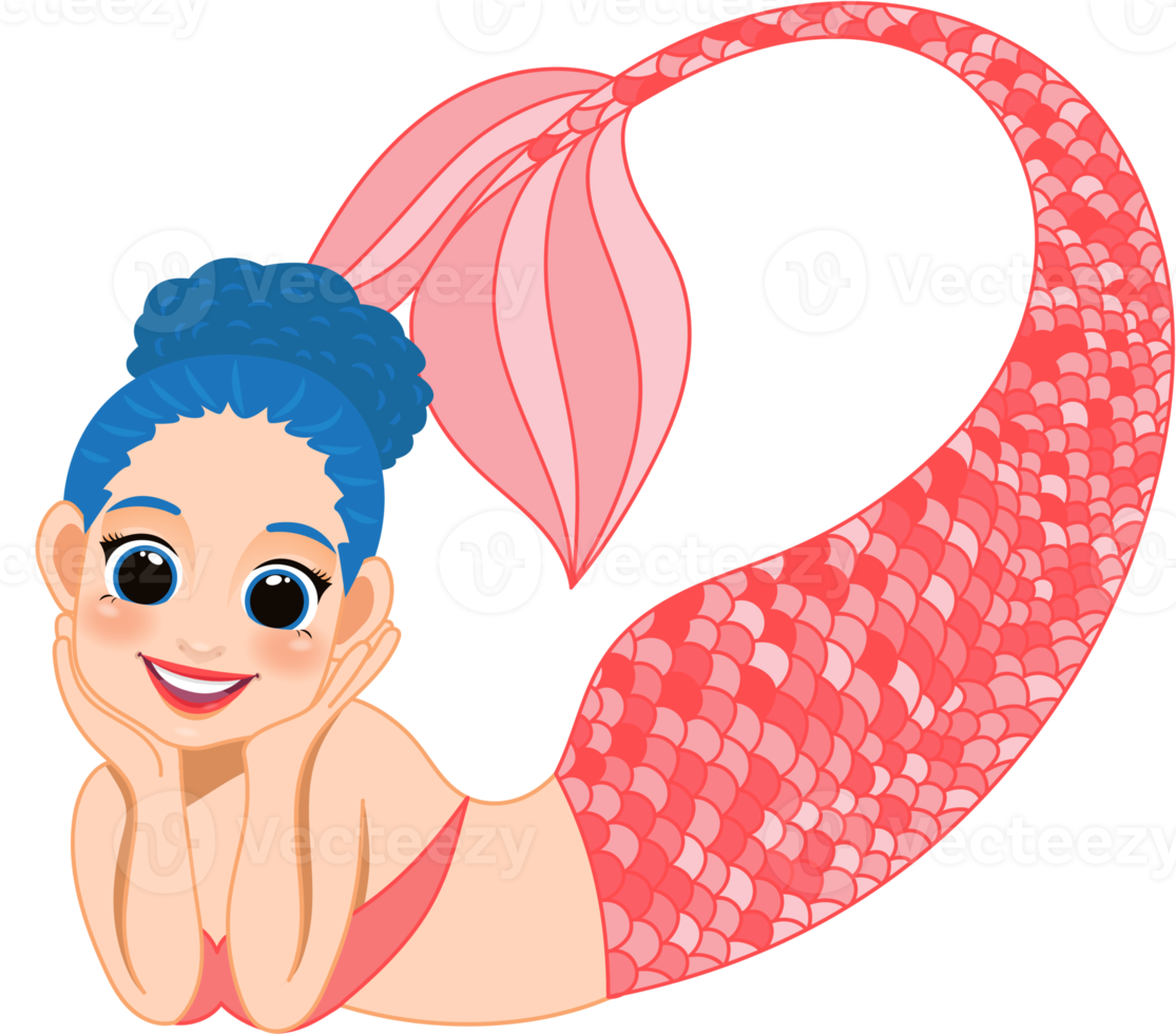 Cartoon character with cute mermaid princess with colorful hair and tail png