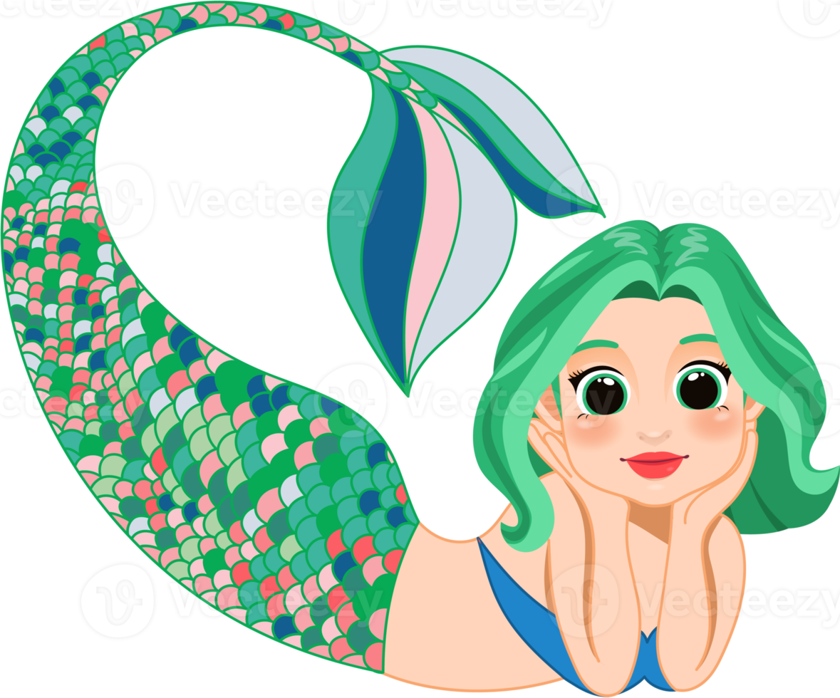 Cartoon character with cute mermaid princess with colorful hair and tail png