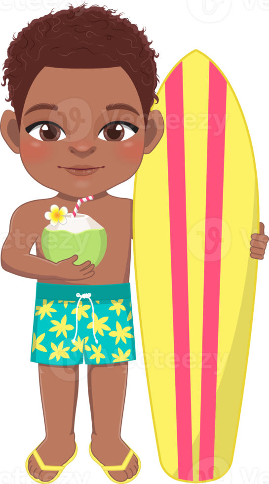 Strand schwarz Junge im Sommer- Urlaub. amerikanisch afrikanisch Kinder halten Surfbrett und Kokosnuss Saft Karikatur Charakter Design png