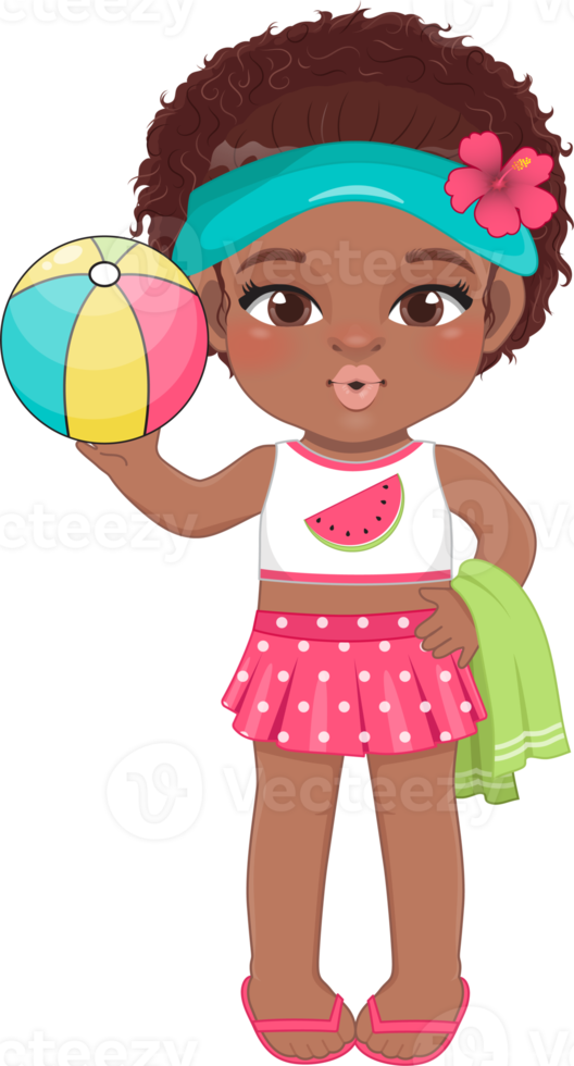 Beach black girl in summer holiday. American African kids holding colorful ball cartoon character design png