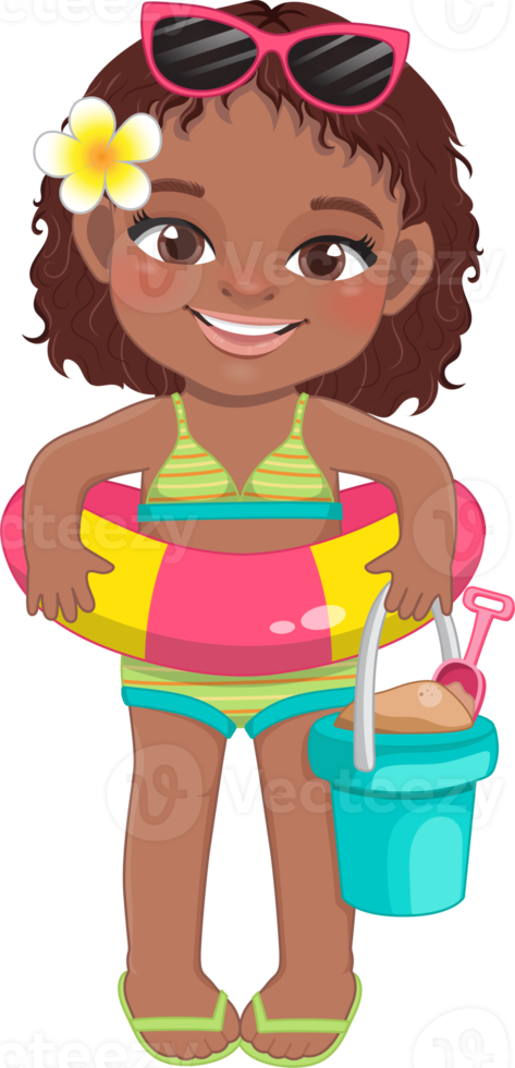 Beach black girl in summer holiday.  American African kids holding rubber ring cartoon character design png