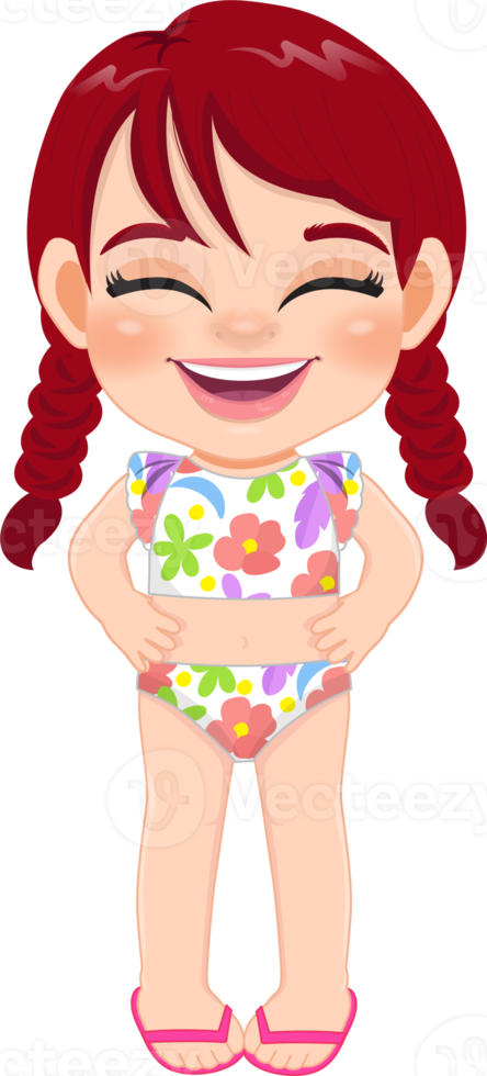 Cartoon happy little pigtail girl in a summer swimsuit png