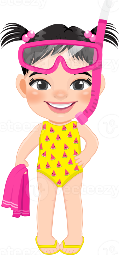 Beach girl in summer holiday. Kid holding towel and wearing scuba glasses cartoon character design png