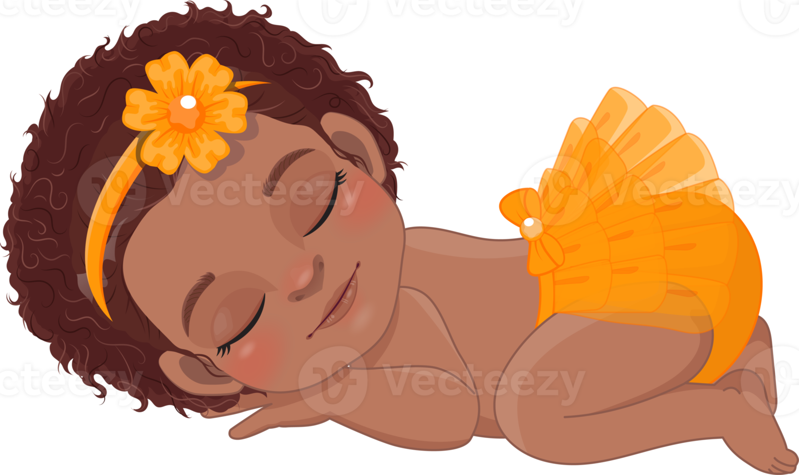 Cartoon character sleeping black baby girl wearing orange ruffled diaper cartoon png