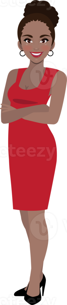 American African businesswoman cartoon character in office style red dress and crossed arms pose png