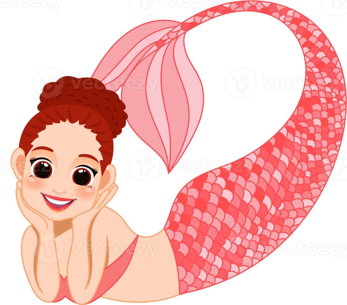 Cartoon character with cute mermaid princess with colorful hair and tail png