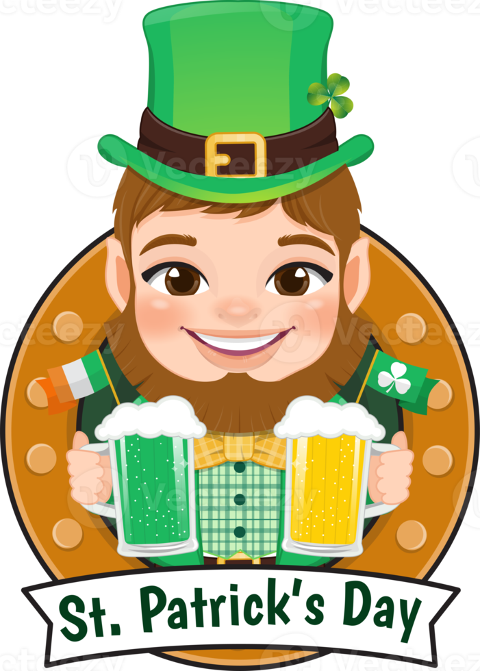 st. patrick s dia logotipo com fofa duende segurando ouro e verde Cerveja óculos desenho animado personagem Projeto png