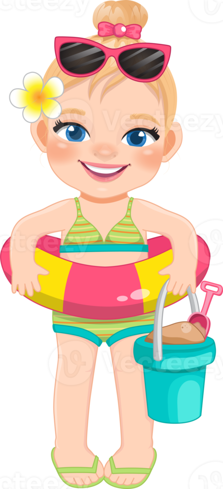 Beach girl in summer holiday.  Kids holding rubber ring cartoon character design png