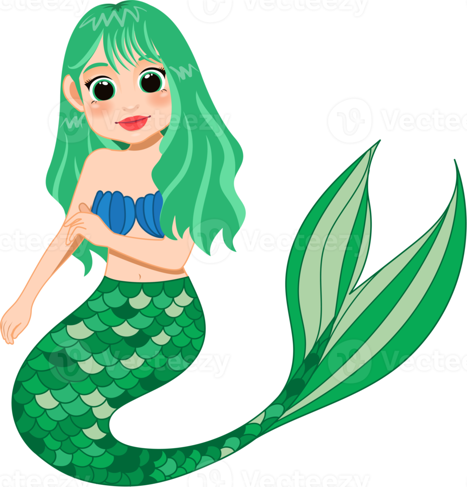 Cartoon character with cute mermaid princess with colorful hair and tail png