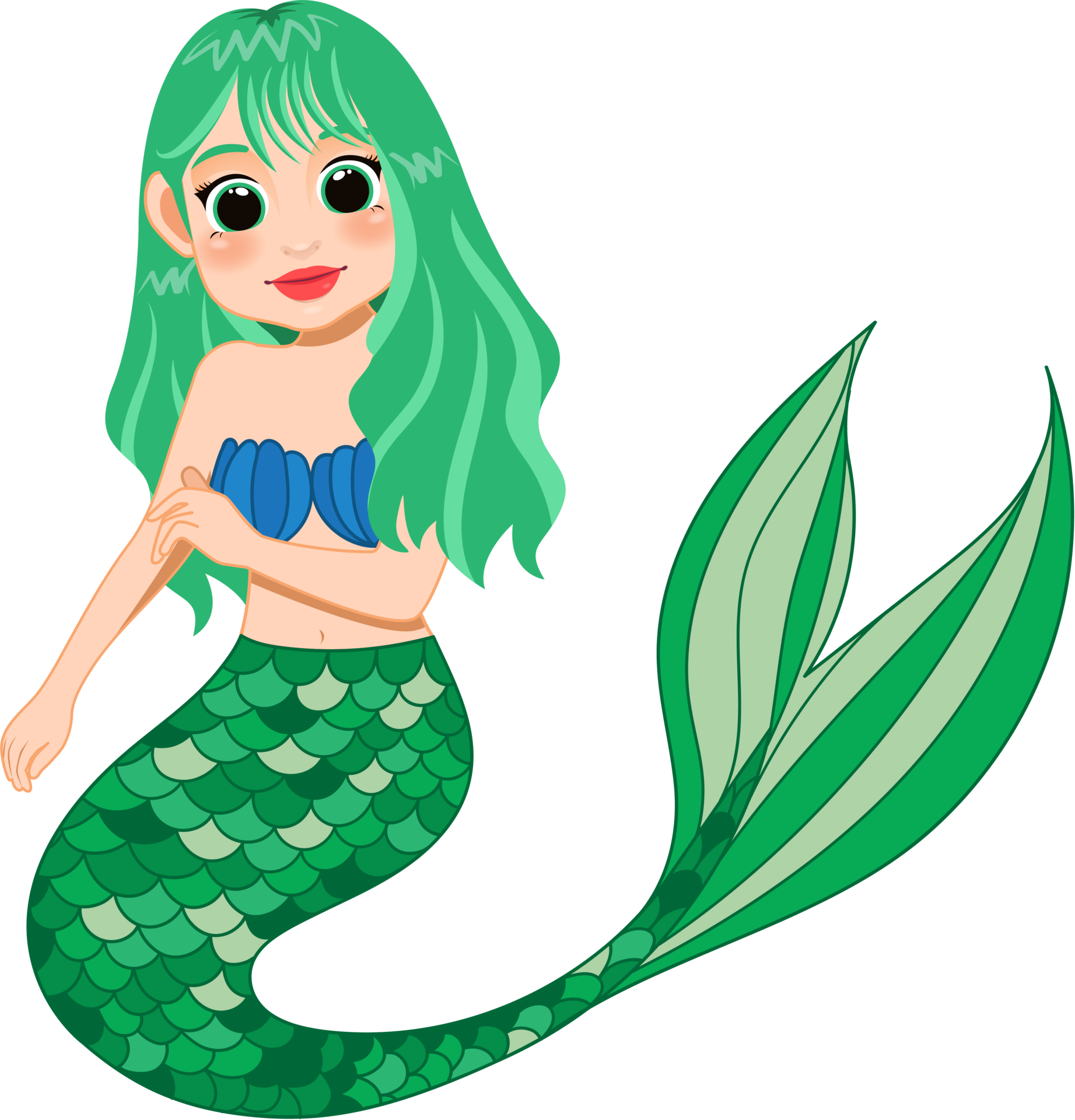 Cartoon character with cute mermaid princess with colorful hair and