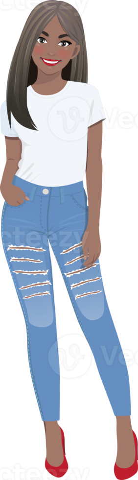 African American girl in white T-shirts and blue jeans png
