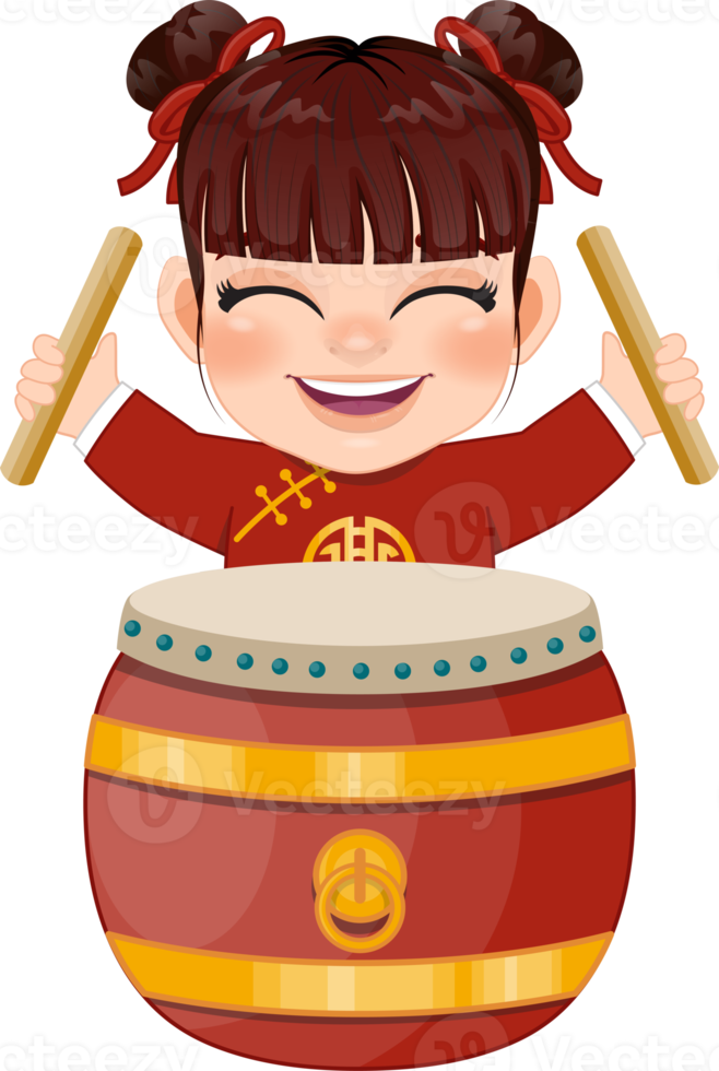 Chinese girl play ancient drum with sticks traditional lion dance cartoon png