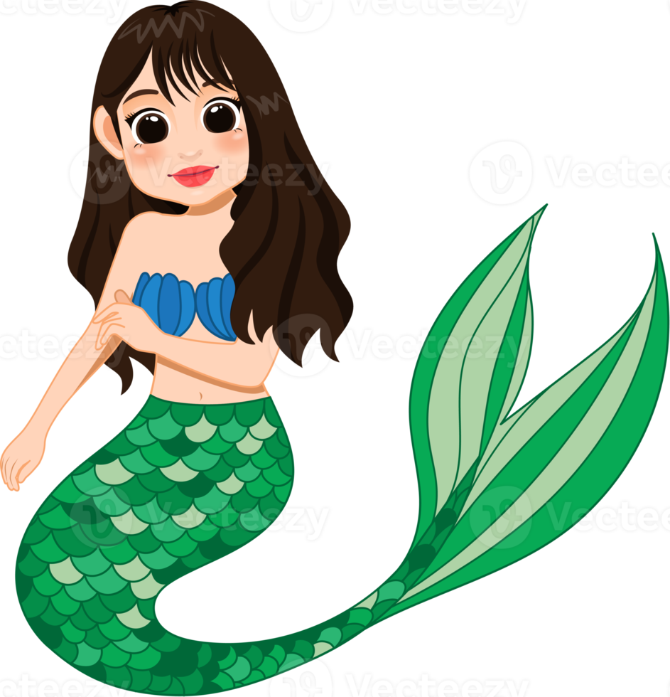 Cartoon character with cute mermaid princess with colorful hair and tail png