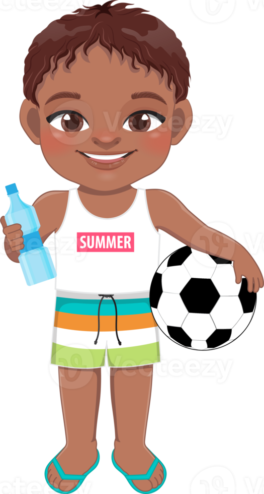 Beach black boy in summer holiday. African American kids holding football and water bottle cartoon character design png