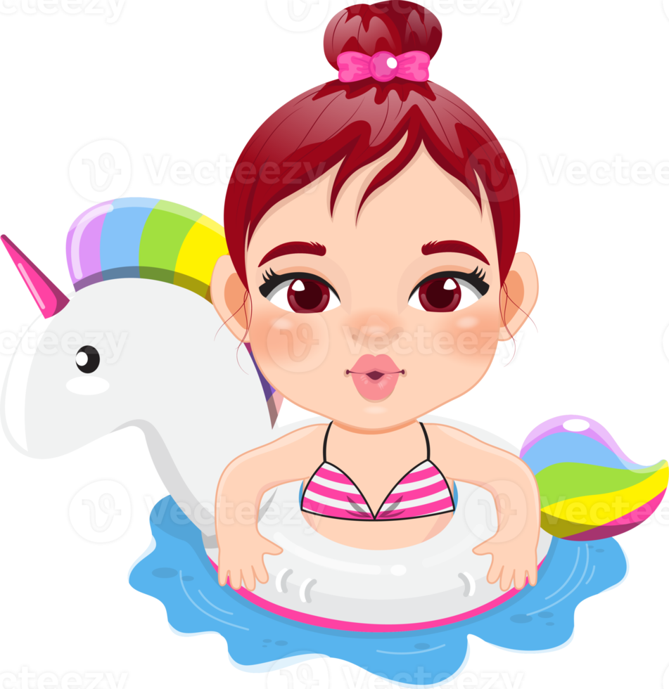 Summer girl in unicorn Inflatable ring cartoon png