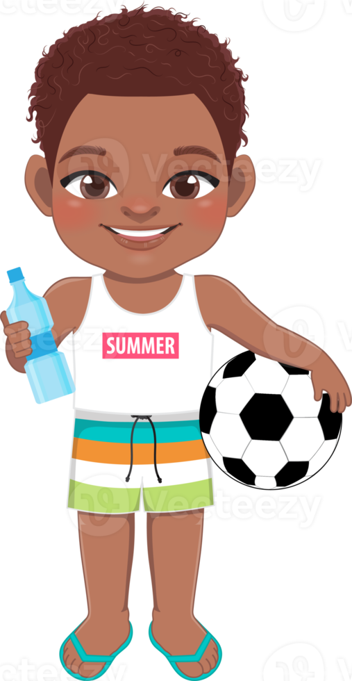 Beach black boy in summer holiday. African American kids holding football and water bottle cartoon character design png