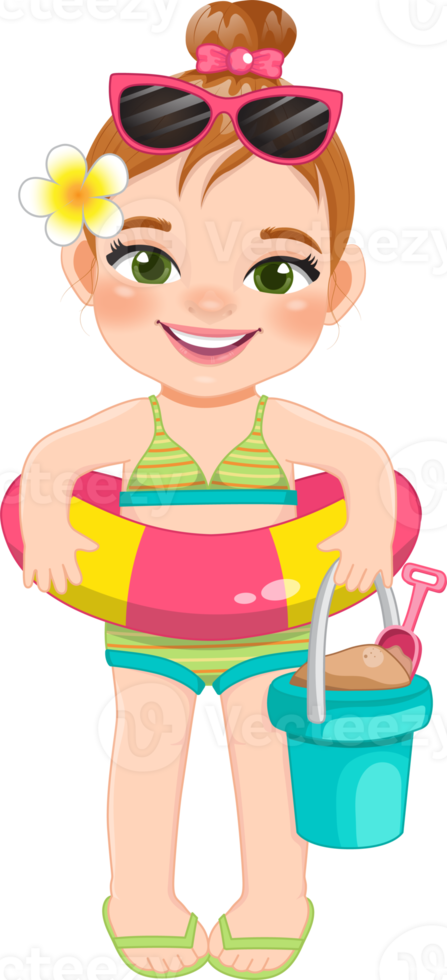 Beach girl in summer holiday.  Kids holding rubber ring cartoon character design png