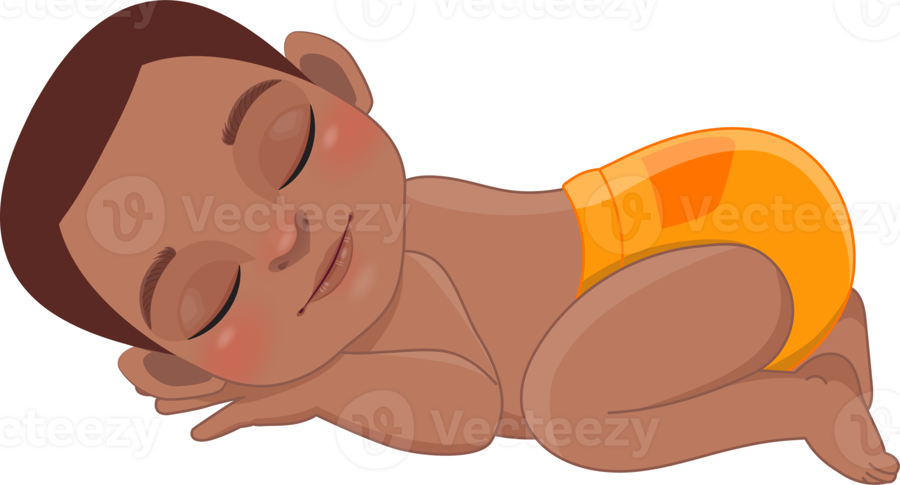 Cartoon character sleeping black baby boy wearing orange ruffled diaper cartoon png